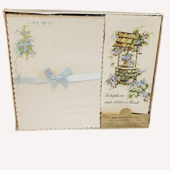 Vtg Boxed Country Core Blue Floral Water Well Stationary Telephone Address Book - Picture 1 of 9